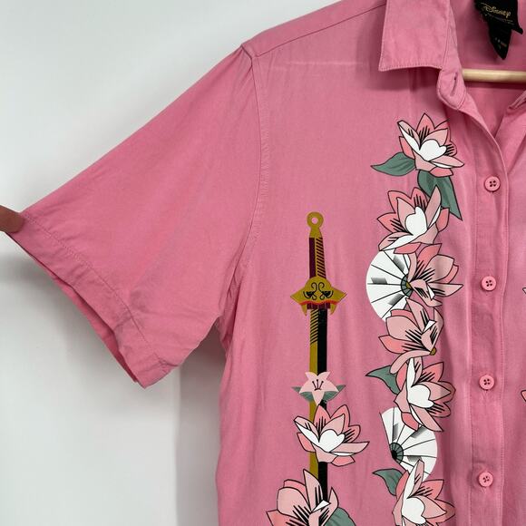 Disney Mulan Button Blouse Top XS Pink Embellished Sequin Graphic Princess Rayon - Picture 4 of 10